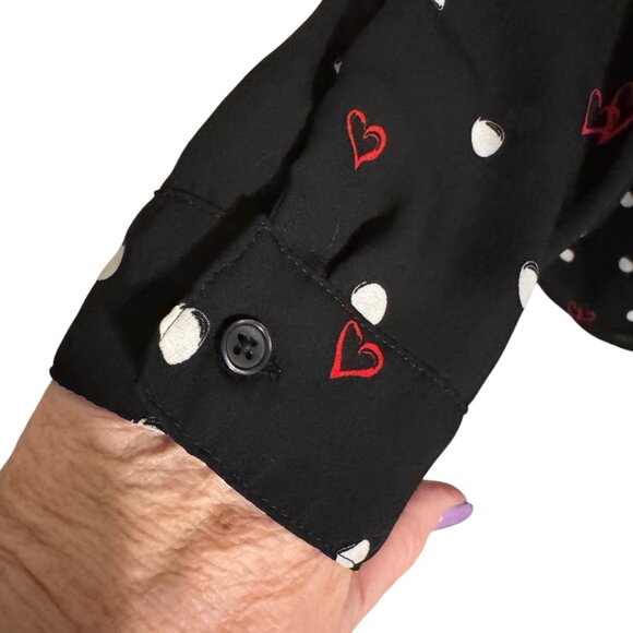 CHICO'S BLACK BLOUSE W/WHITE DOT & RED HEARTS   MEDIUM - Picture 3 of 10
